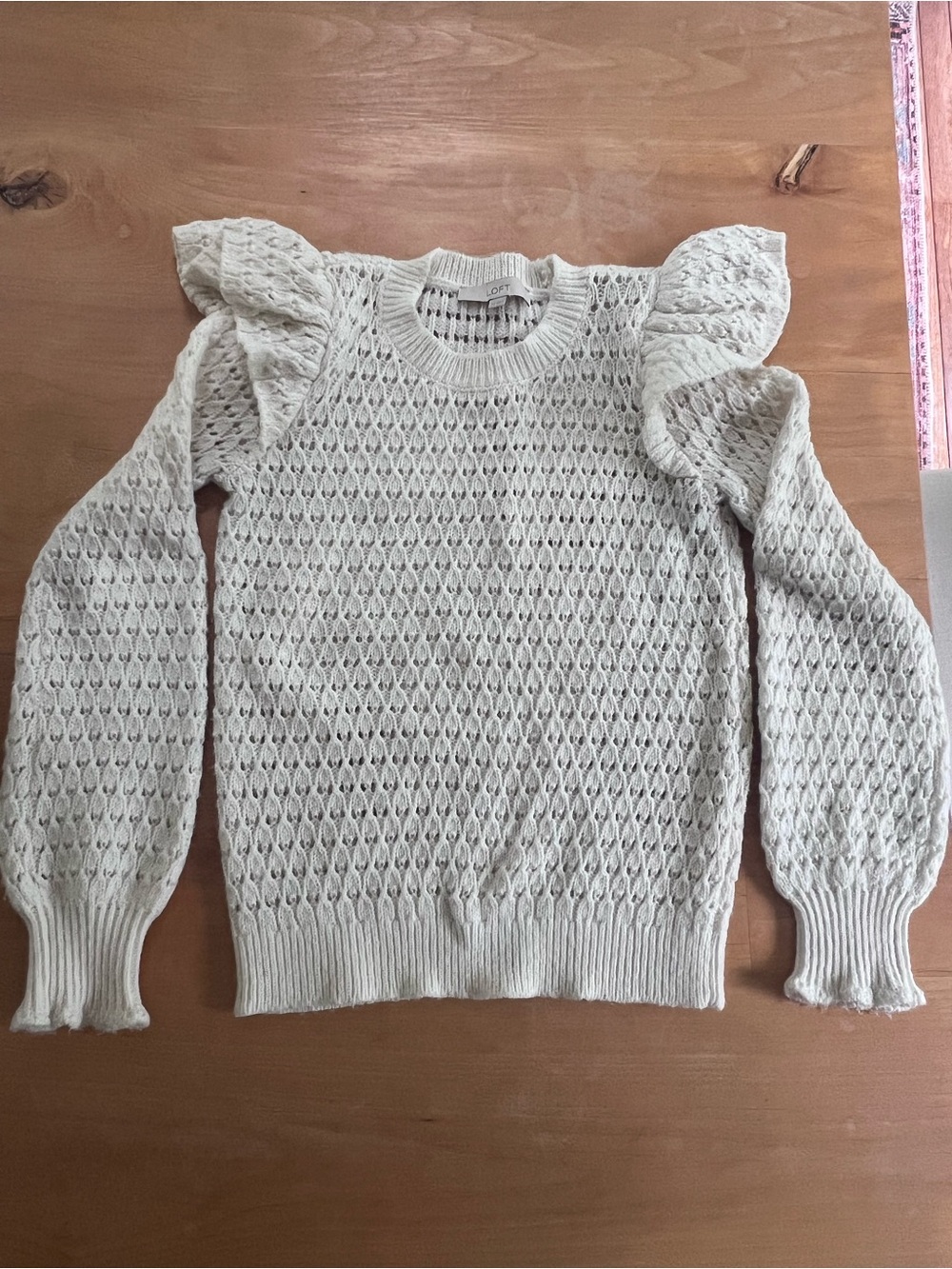 Loft Cream Pointelle Ruffle Shoulder Sweater size small